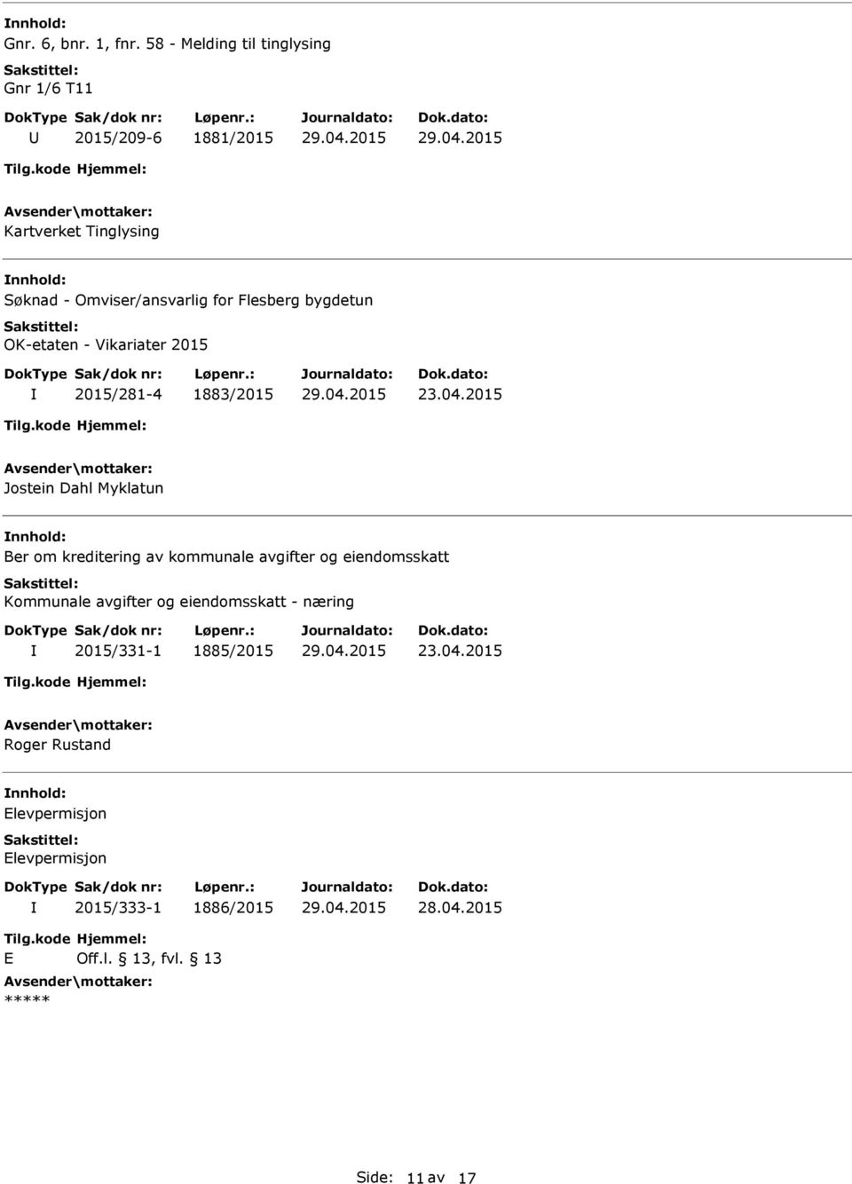 for Flesberg bygdetun OK-etaten - Vikariater 2015 2015/281-4 1883/2015 23.04.