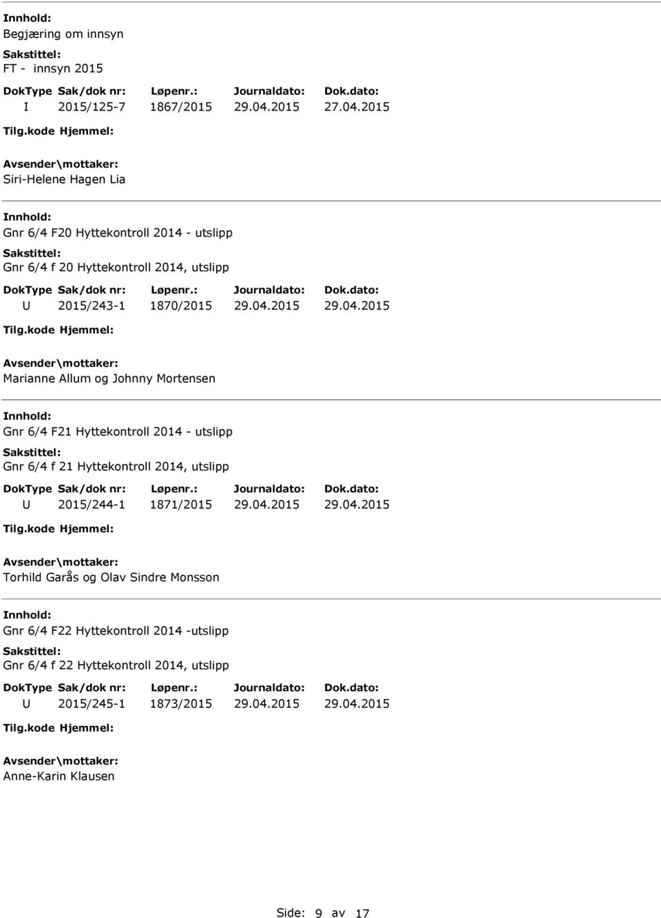 2014 - utslipp Gnr 6/4 f 21 Hyttekontroll 2014, utslipp 2015/244-1 1871/2015 Torhild Garås og Olav Sindre Monsson Gnr 6/4