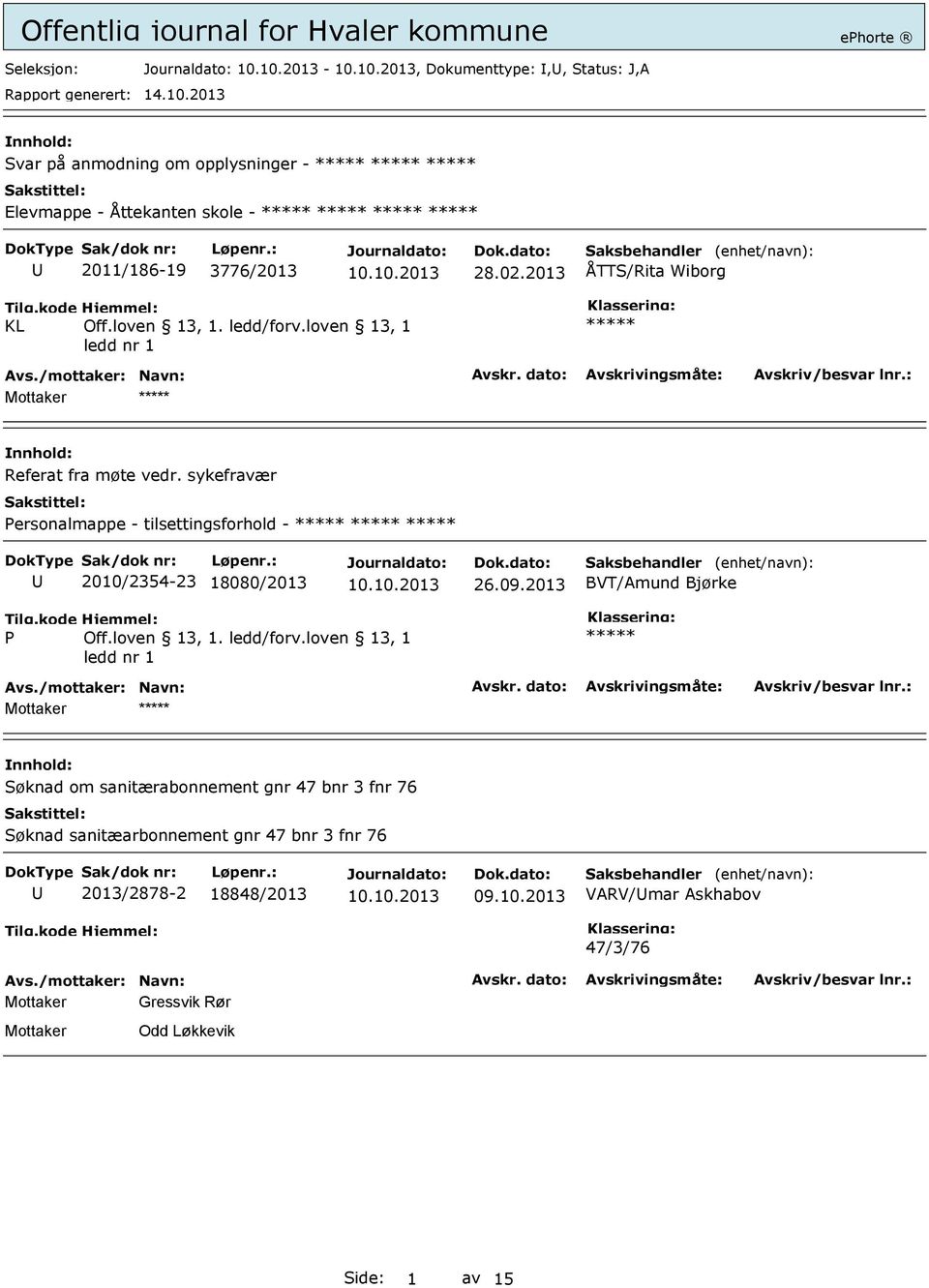 sykefravær Personalmappe - tilsettingsforhold - ***** ***** ***** U 2010/2354-23 18080/2013 26.09.2013 BVT/Amund Bjørke P Off.loven 13, 1. ledd/forv.