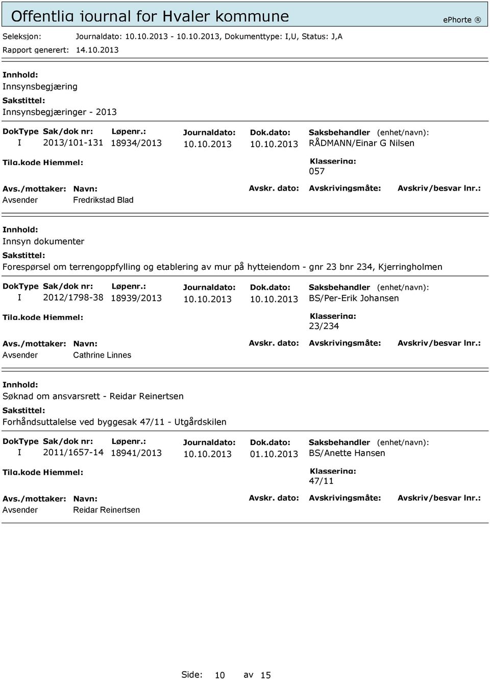 Kjerringholmen 2012/1798-38 18939/2013 BS/Per-Erik Johansen 23/234 Avsender Cathrine Linnes Søknad om ansvarsrett - Reidar Reinertsen