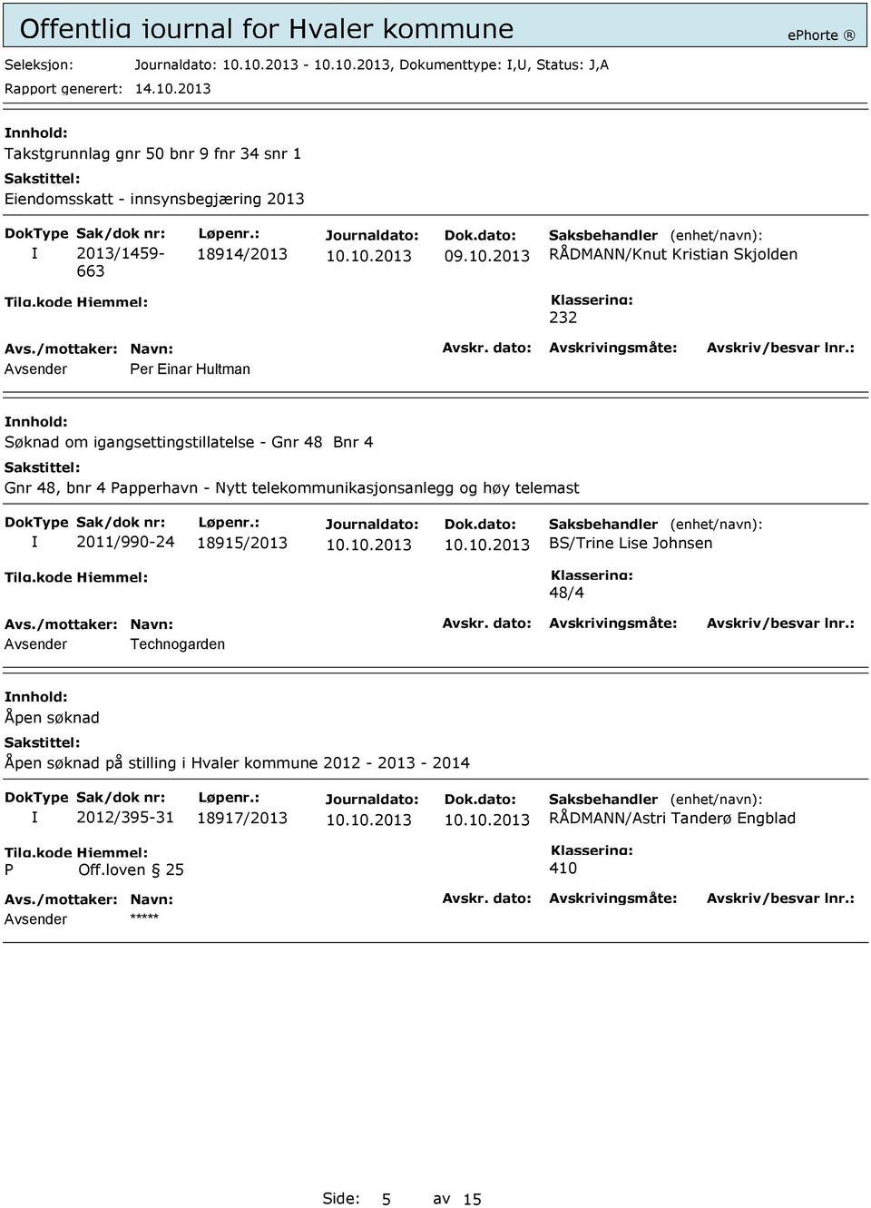 Papperhavn - Nytt telekommunikasjonsanlegg og høy telemast 2011/990-24 18915/2013 BS/Trine Lise Johnsen 48/4 Avsender Technogarden Åpen søknad