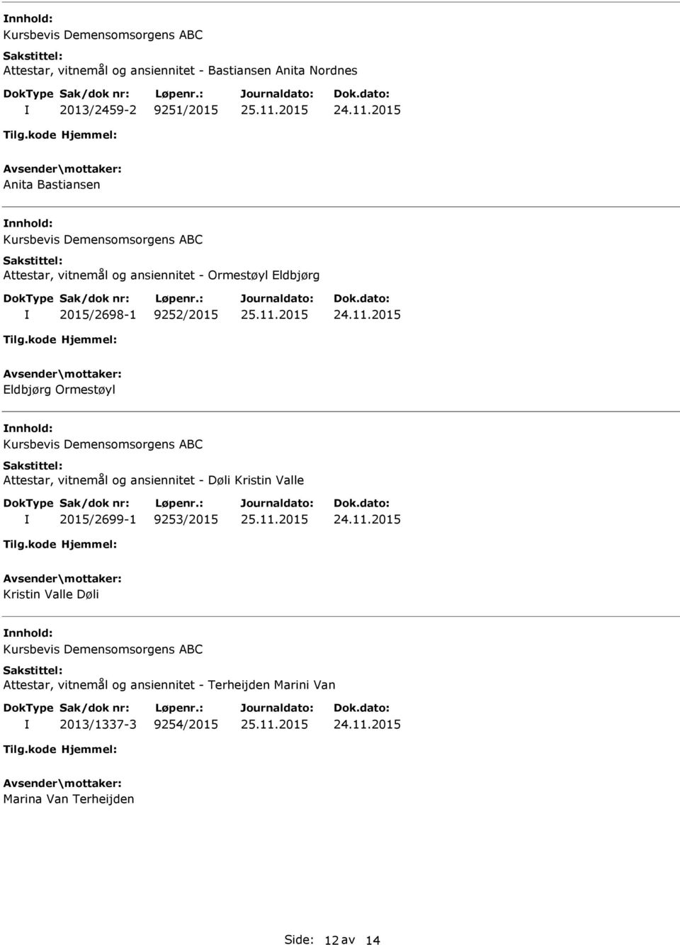 nnhold: Attestar, vitnemål og ansiennitet - Døli Kristin Valle 2015/2699-1 9253/2015 Kristin Valle Døli