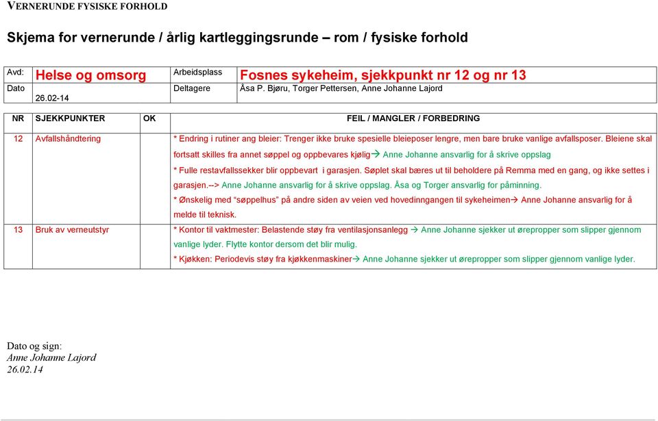 02-14 NR SJEKKPUNKTER OK FEIL / MANGLER / FORBEDRING 12 Avfallshåndtering * Endring i rutiner ang bleier: Trenger ikke bruke spesielle bleieposer lengre, men bare bruke vanlige avfallsposer.