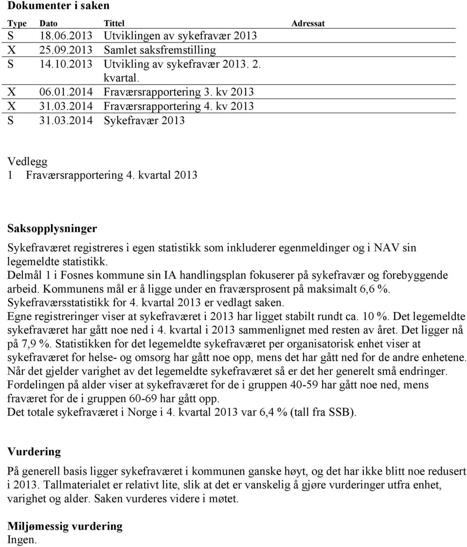 kvartal 2013 Saksopplysninger Sykefraværet registreres i egen statistikk som inkluderer egenmeldinger og i NAV sin legemeldte statistikk.