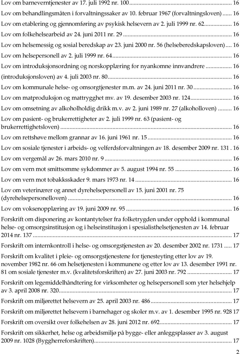 juni 2000 nr. 56 (helseberedskapsloven)... 16 Lov om helsepersonell av 2. juli 1999 nr. 64... 16 Lov om introduksjonsordning og norskopplæring for nyankomne innvandrere... 16 (introduksjonsloven) av 4.