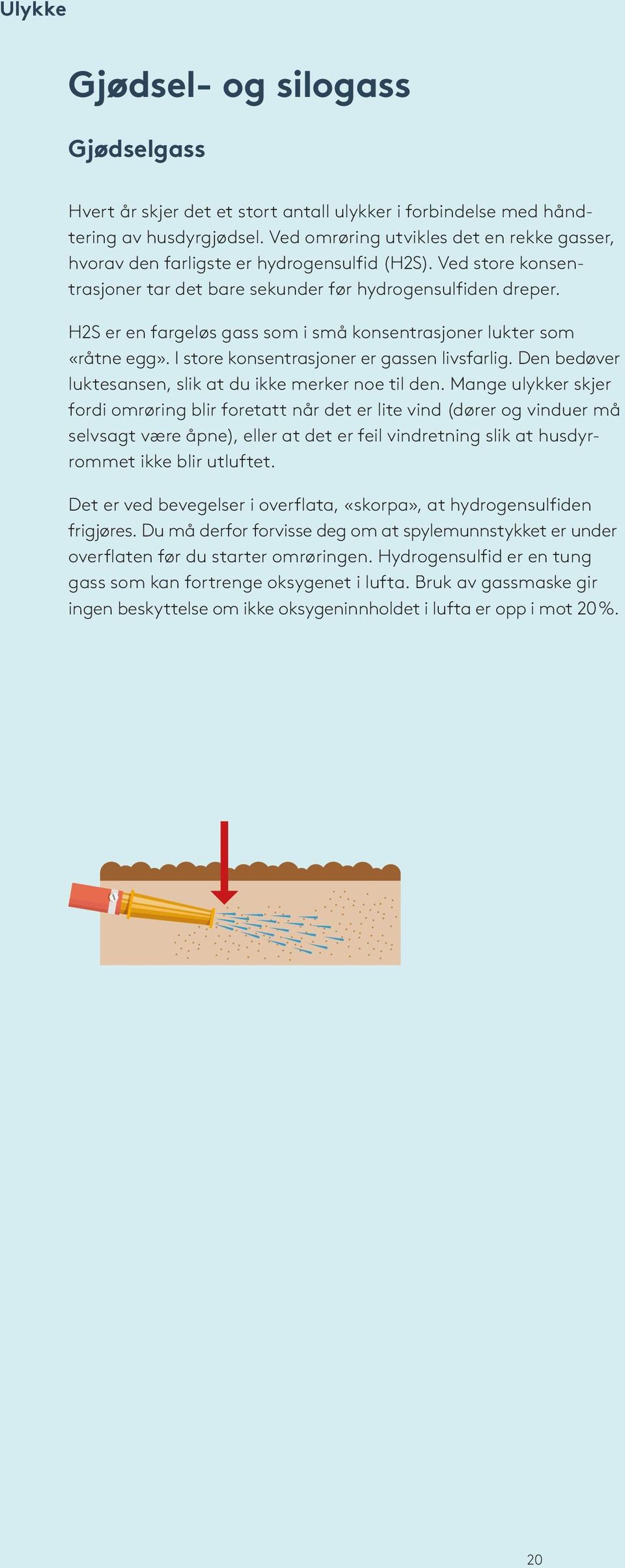 H2S er en fargeløs gass som i små konsentrasjoner lukter som «råtne egg». I store konsentrasjoner er gassen livsfarlig. Den bedøver luktesansen, slik at du ikke merker noe til den.