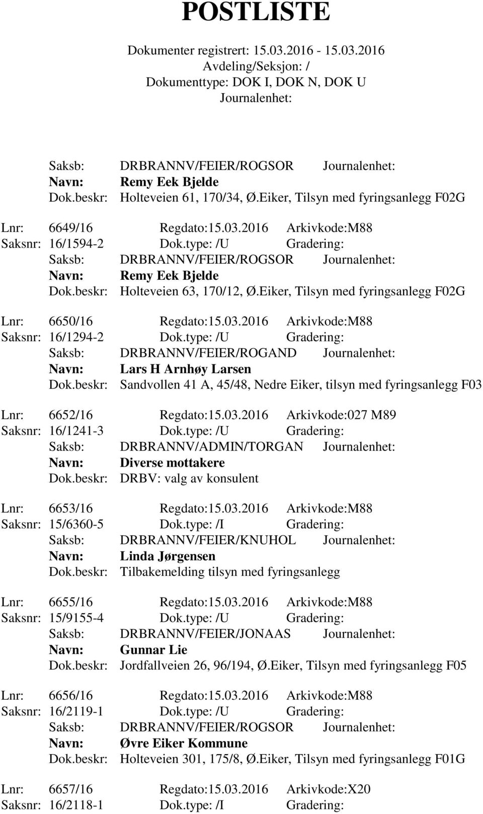 type: /U Gradering: Saksb: DRBRANNV/FEIER/ROGAND Navn: Lars H Arnhøy Larsen Dok.beskr: Sandvollen 41 A, 45/48, Nedre Eiker, tilsyn med fyringsanlegg F03 Lnr: 6652/16 Regdato:15.03.2016 Arkivkode:027 M89 Saksnr: 16/1241-3 Dok.