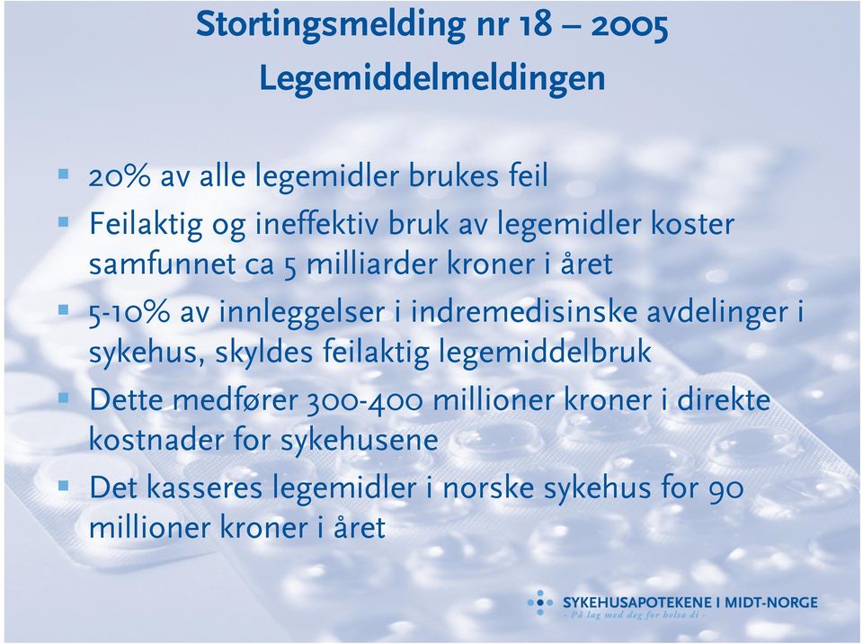 indremedisinske avdelinger i sykehus, skyldes feilaktig legemiddelbruk Dette medfører 300-400 millioner