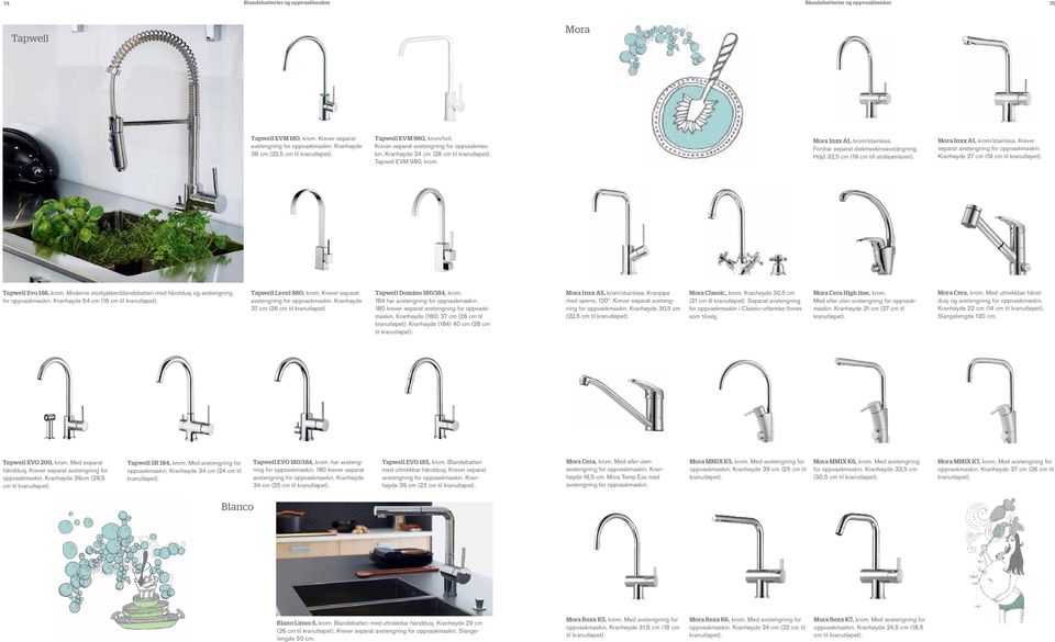 Höjd, cm (9 cm till strålsamlaren). Mora Inxx A, krom/stainless. Krever separat avstengning for oppvaskmaskin. Kranhøyde 7 cm (9 cm til kranutløpet). apwell Evo 86, krom.