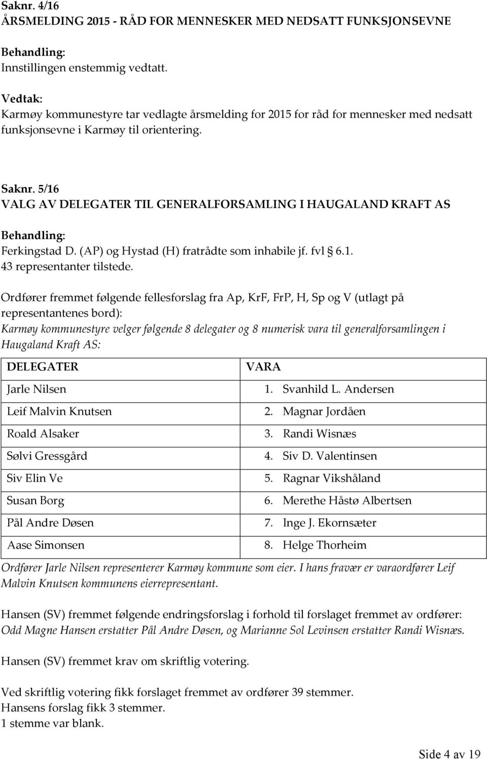 5/16 VALG AV DELEGATER TIL GENERALFORSAMLING I HAUGALAND KRAFT AS Ferkingstad D. (AP) og Hystad (H) fratrådte som inhabile jf. fvl 6.1. 43 representanter tilstede.