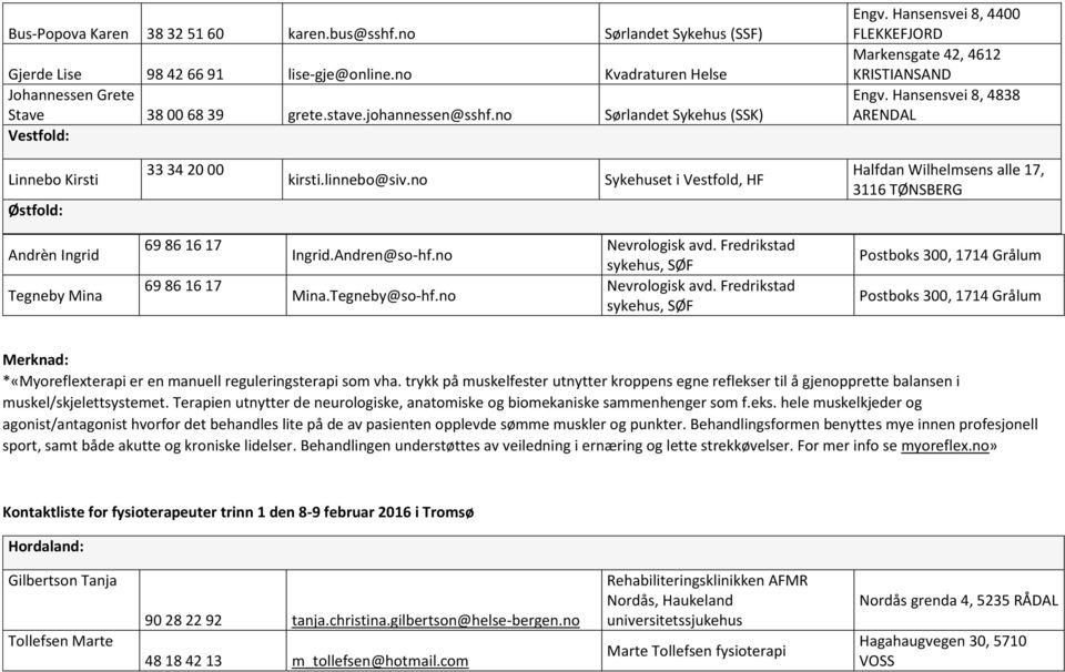 no Sykehuset i Vestfold, HF Halfdan Wilhelmsens alle 17, 3116 TØNSBERG Andrèn Ingrid Tegneby Mina 69 86 16 17 69 86 16 17 Ingrid.Andren@so-hf.no Mina.Tegneby@so-hf.no Nevrologisk avd.