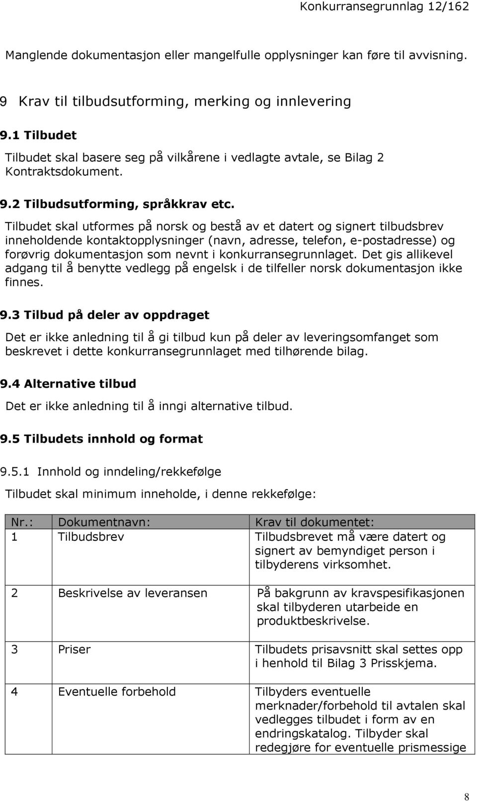 Tilbudet skal utformes på norsk og bestå av et datert og signert tilbudsbrev inneholdende kontaktopplysninger (navn, adresse, telefon, e-postadresse) og forøvrig dokumentasjon som nevnt i