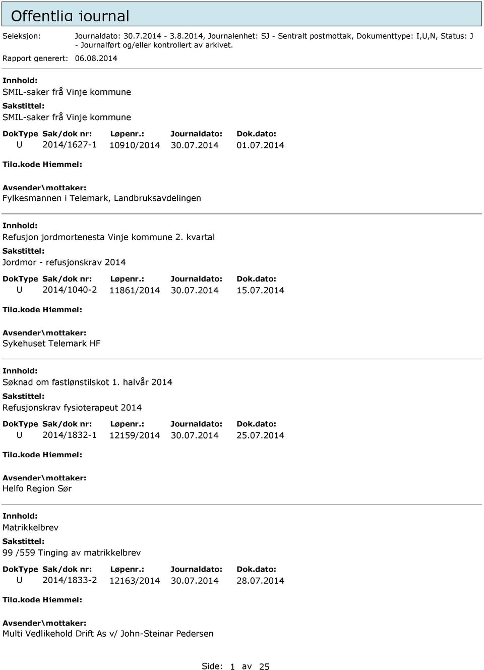 2014 Fylkesmannen i Telemark, Landbruksavdelingen Refusjon jordmortenesta Vinje kommune 2. kvartal Jordmor - refusjonskrav 2014 2014/1040-2 11861/2014 15.07.