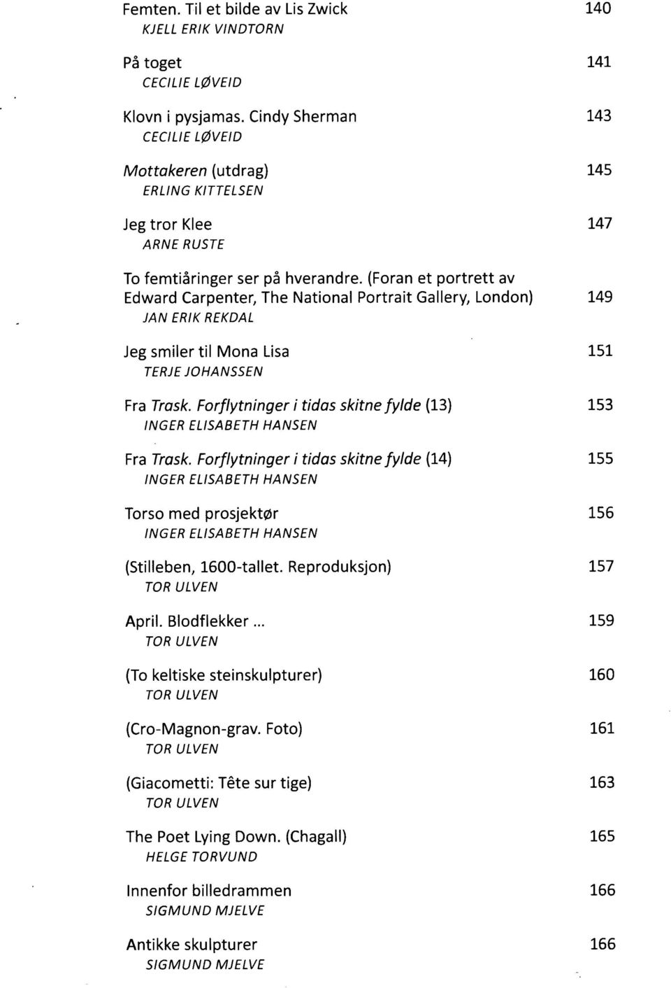 (Foran et portrett av Edward Carpenter, The National Portrait Gallery, London) 149 JAN ERIK REKDAL Jeg smiler til Mona Lisa 151 TERJE JOHANSSEN Fra Trask.