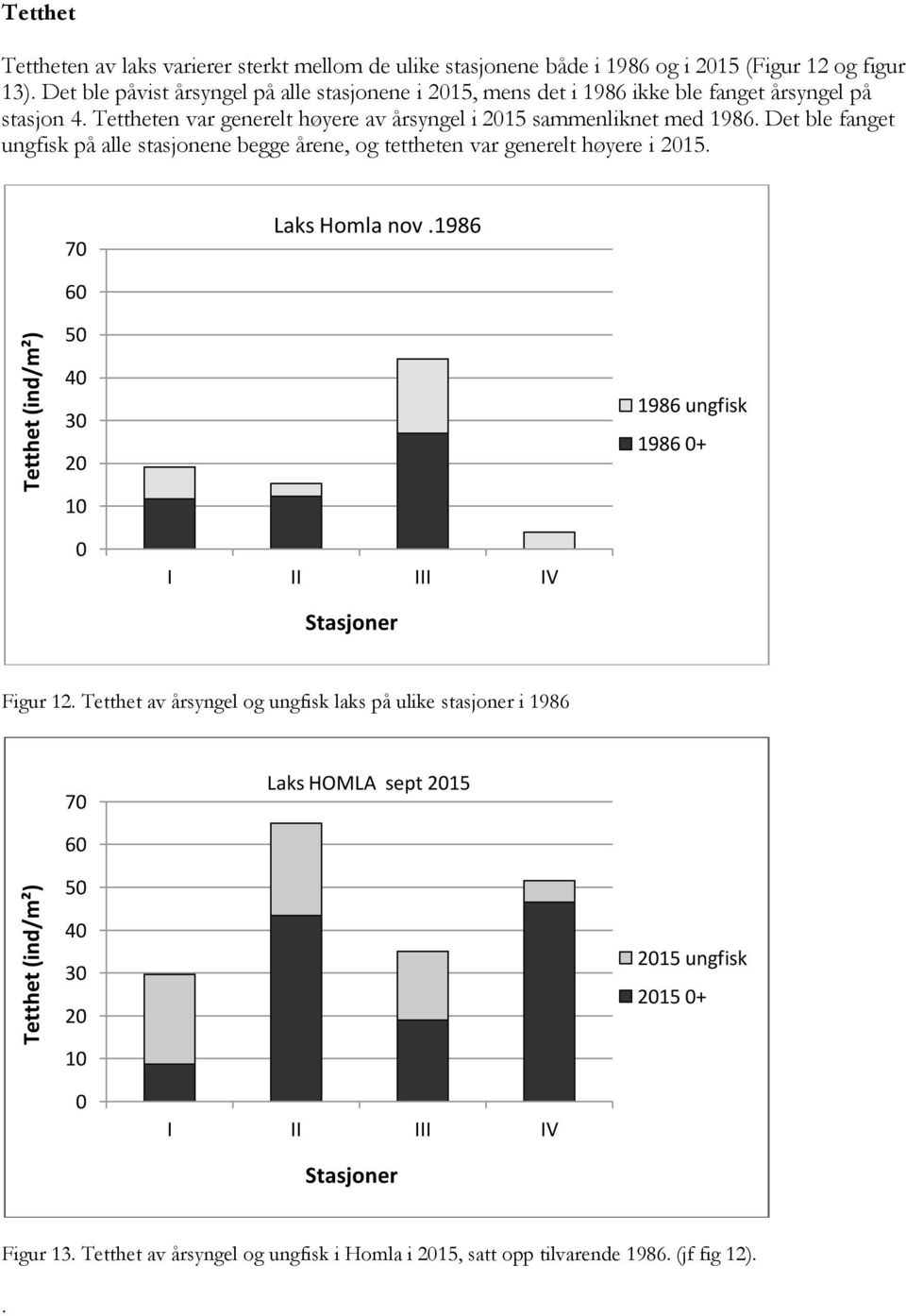 Det ble fanget ungfisk på alle stasjonene begge årene, og tettheten var generelt høyere i. 7 Laks Homla nov.86 6 86 ungfisk 86 + I II III IV Stasjoner Figur.