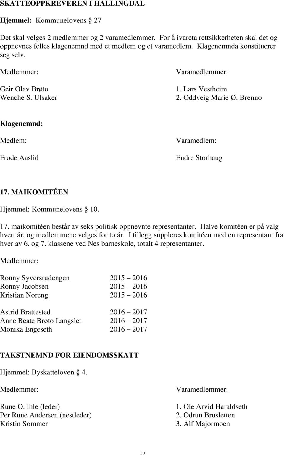 Lars Vestheim 2. Oddveig Marie Ø. Brenno Klagenemnd: Frode Aaslid Endre Storhaug 17. MAIKOMITÉEN Hjemmel: Kommunelovens 10. 17. maikomitéen består av seks politisk oppnevnte representanter.