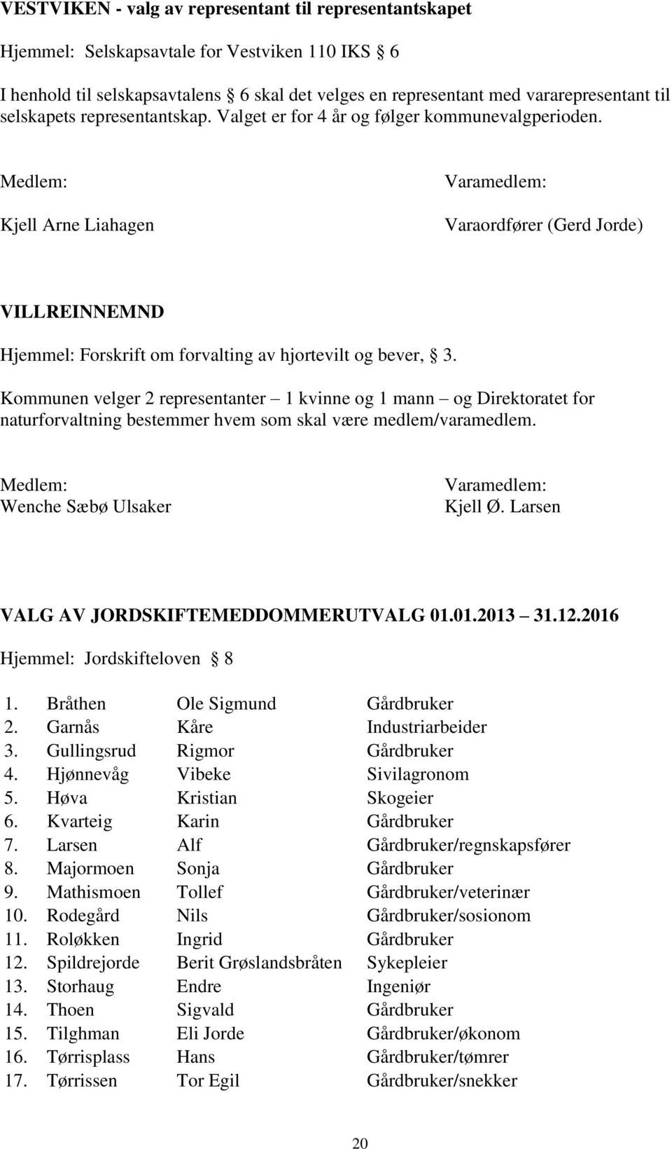 Kommunen velger 2 representanter 1 kvinne og 1 mann og Direktoratet for naturforvaltning bestemmer hvem som skal være medlem/varamedlem. Wenche Sæbø Ulsaker Kjell Ø.