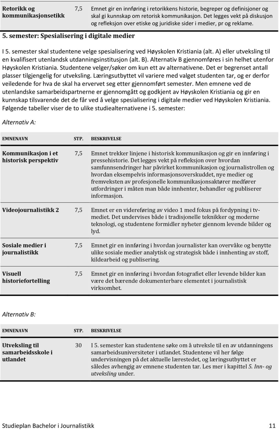 semester skal studentene velge spesialisering ved Høyskolen Kristiania (alt. A) eller utveksling til en kvalifisert utenlandsk utdanningsinstitusjon (alt. B).