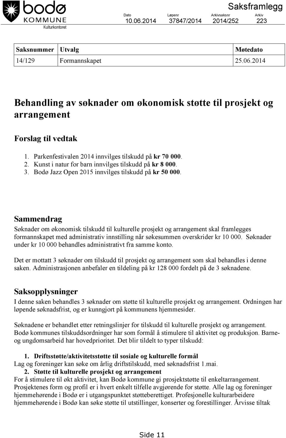Sammendrag Søknader om økonomisk tilskudd til kulturelle prosjekt og arrangement skal framlegges formannskapet med administrativ innstilling når søkesummen overskrider kr 10 000.