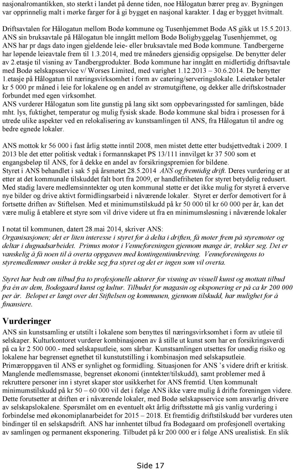 ANS sin bruksavtale på Hålogatun ble inngått mellom Bodø Boligbyggelag Tusenhjemmet, og ANS har pr dags dato ingen gjeldende leie- eller bruksavtale med Bodø kommune.