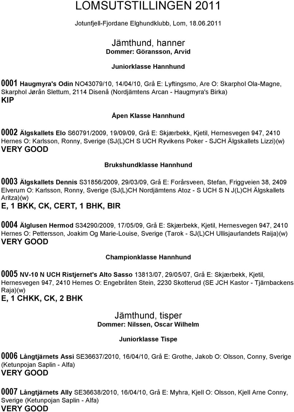 (Nordjämtens Arcan - Haugmyra's Birka) KIP Åpen Klasse Hannhund 0002 Älgskallets Elo S60791/2009, 19/09/09, Grå E: Skjærbekk, Kjetil, Hernesvegen 947, 2410 Hernes O: Karlsson, Ronny, Sverige (SJ(L)CH