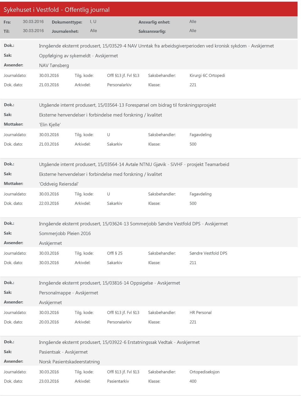 2016 Arkivdel: Personalarkiv tgående internt produsert, 15/03564-13 Forespørsel om bidrag til forskningsprosjekt Eksterne henvendelser i forbindelse med forskning / kvalitet 'Elin Kjelle' Fagavdeling