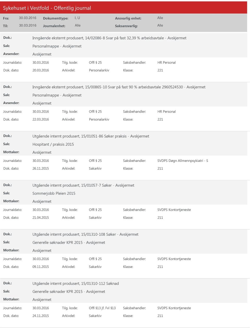 2016 Arkivdel: Personalarkiv tgående internt produsert, 15/01051-86 Søker praksis - Hospitant / praksis 2015 SVDPS Døgn Allmennpsykiatri - S Dok. dato: 26.11.