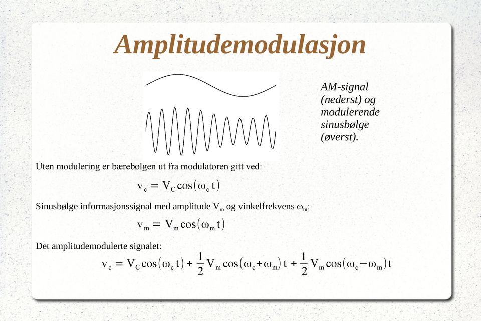 Sinusbølge informasjonssignal med amplitude Vm og vinkelfrekvens wm: v m = Vm cos(ω m