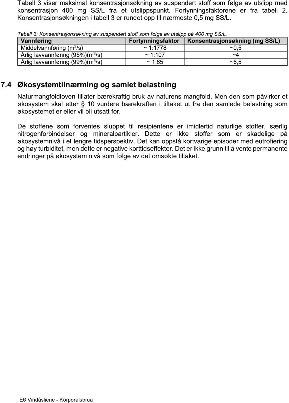 Vannføring Fortynningsfaktor Konsentrasjonsøkning (mg SS/L) Middelvannføring (m 3 /s) ~ 1:1778 ~0,5 Årlig lavvannføring (95%)(m 3 /s) ~ 1:107 ~4 Årlig lavvannføring (99%)(m 3 /s) ~ 1:65 ~6,5 7.