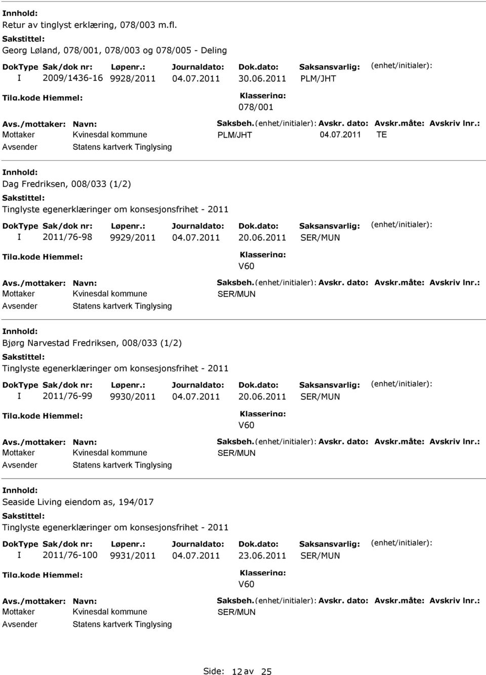 egenerklæringer om konsesjonsfrihet - 2011 2011/76-98 9929/2011 20.06.