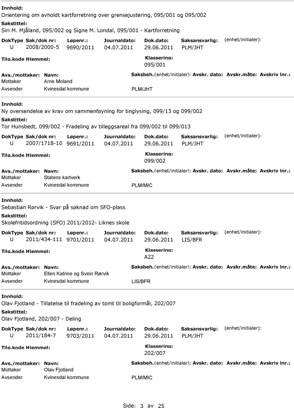 av tilleggsareal fra 099/002 til 099/013 2007/1718-10 9691/2011 099/002 Mottaker Statens kartverk PLM/MC Sebastian Rørvik - Svar på søknad om SFO-plass Skolefritidsordning (SFO) 2011/2012-