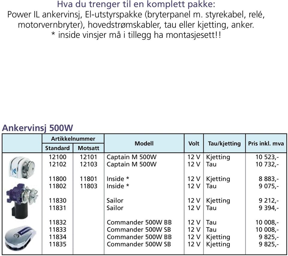 ! Ankervinsj 500W Standard Motsatt Modell Volt Tau/kjetting 12100 12101 Captain M 500W 12 V Kjetting 10 523,- 12102 12103 Captain M 500W 12 V Tau 10 732,- 11800 11801 Inside