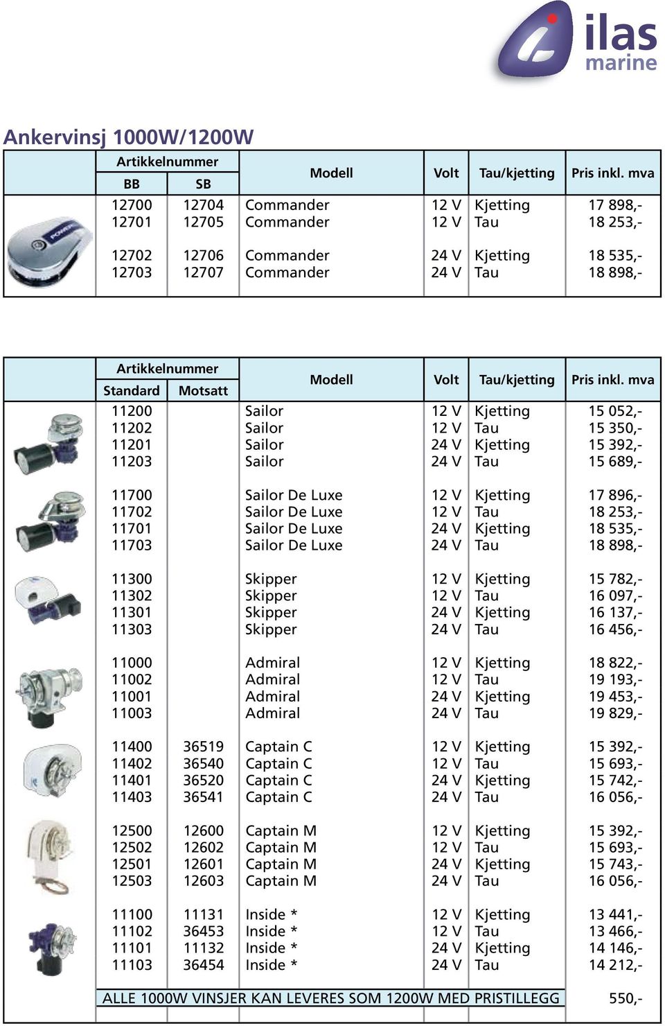 689,- 11700 Sailor De Luxe 12 V Kjetting 17 896,- 11702 Sailor De Luxe 12 V Tau 18 253,- 11701 Sailor De Luxe 24 V Kjetting 18 535,- 11703 Sailor De Luxe 24 V Tau 18 898,- 11300 Skipper 12 V Kjetting