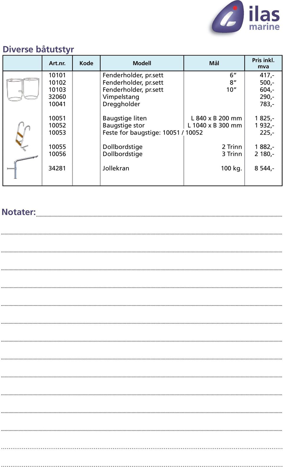 sett 10 604,- 32060 Vimpelstang 290,- 10041 Dreggholder 783,- 10051 Baugstige liten L 840 x B 200 mm 1 825,-