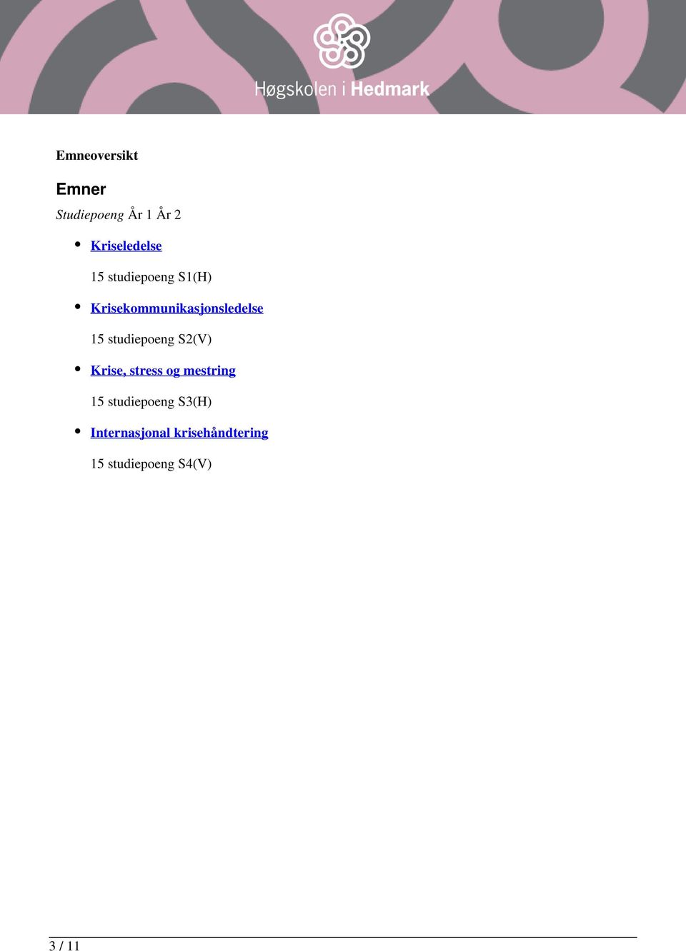 studiepoeng S2(V) Krise, stress og mestring 15