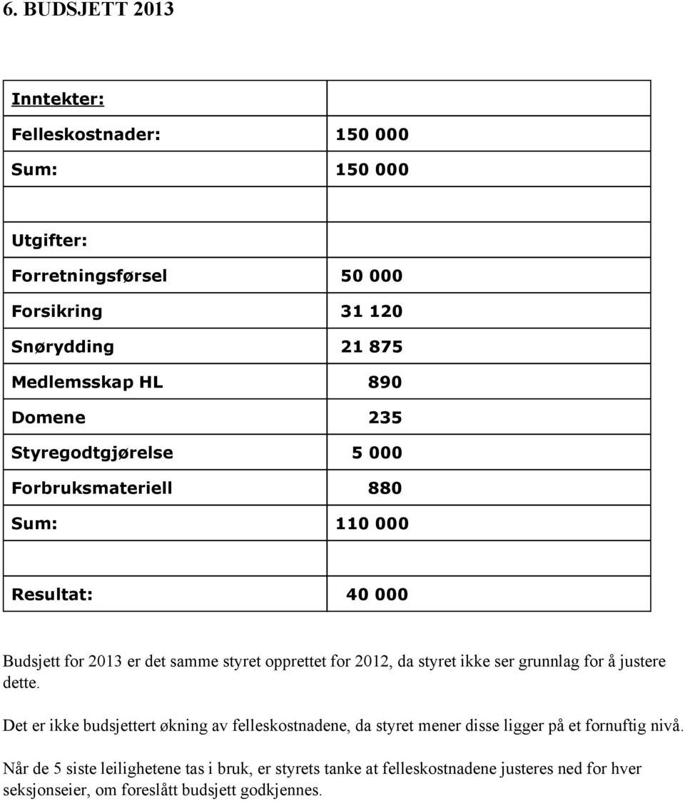 2012, da styret ikke ser grunnlag for å justere dette.