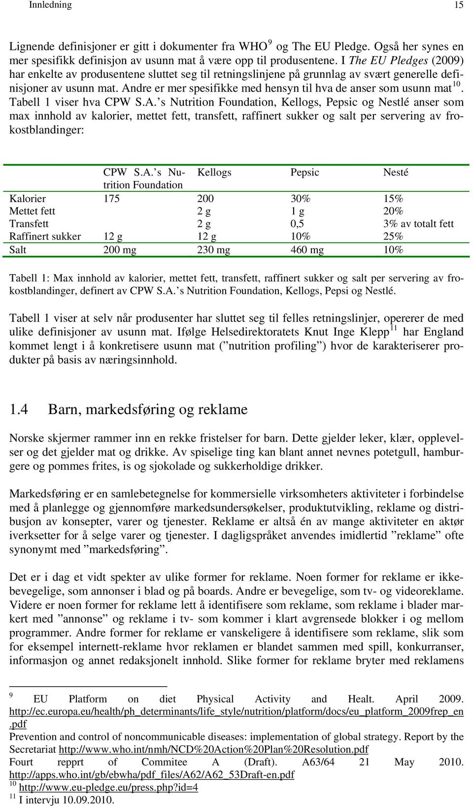 Andre er mer spesifikke med hensyn til hva de anser som usunn mat 10. Tabell 1 viser hva CPW S.A. s Nutrition Foundation, Kellogs, Pepsic og Nestlé anser som max innhold av kalorier, mettet fett, transfett, raffinert sukker og salt per servering av frokostblandinger: CPW S.