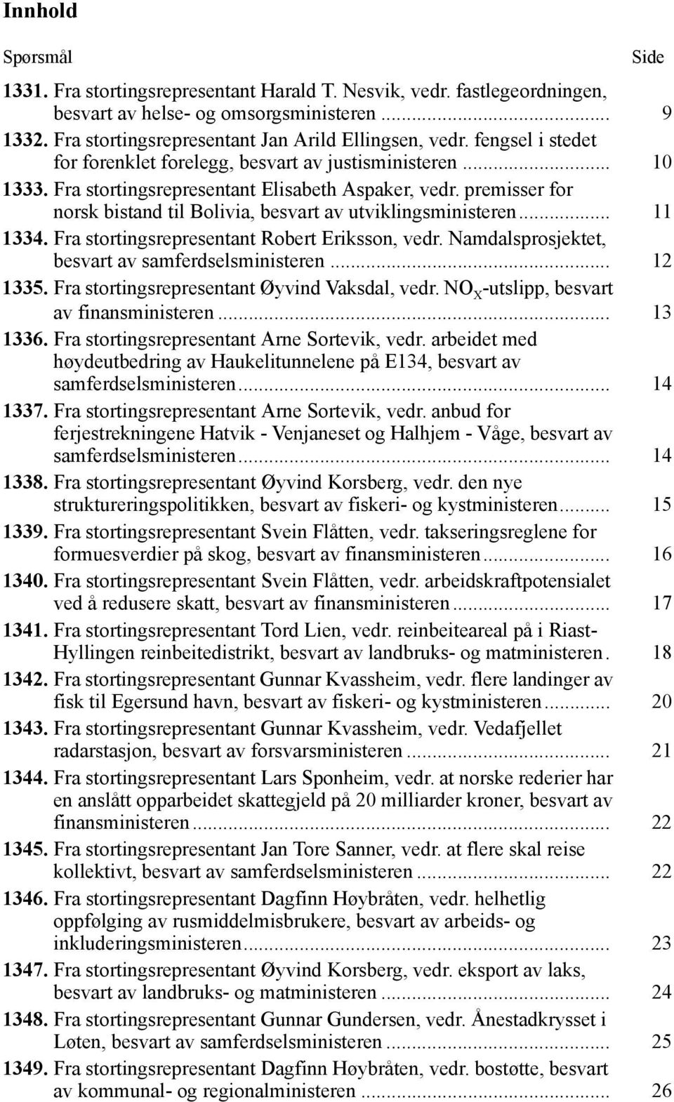 premisser for norsk bistand til Bolivia, besvart av utviklingsministeren... 11 1334. Fra stortingsrepresentant Robert Eriksson, vedr. Namdalsprosjektet, besvart av samferdselsministeren... 12 1335.