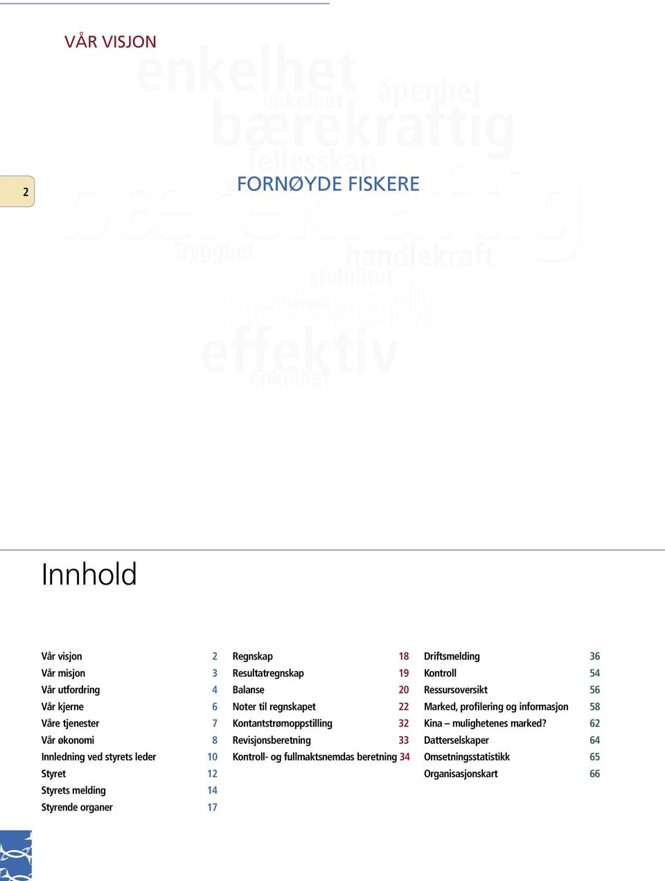 22 Kontantstrømoppstilling 32 Revisjonsberetning 33 Kontroll- og fullmaktsnemdas beretning 34 Driftsmelding 36 Kontroll 54