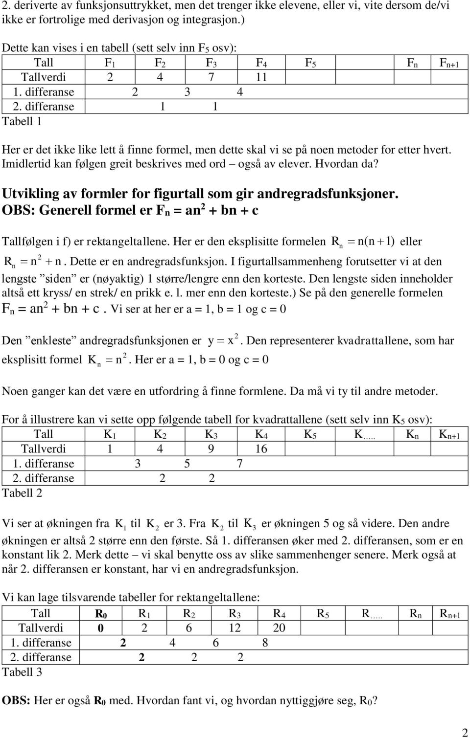 differanse 1 1 Tabell 1 Her er det ikke like lett å finne formel, men dette skal vi se på noen metoder for etter hvert. Imidlertid kan følgen greit beskrives med ord også av elever. Hvordan da?