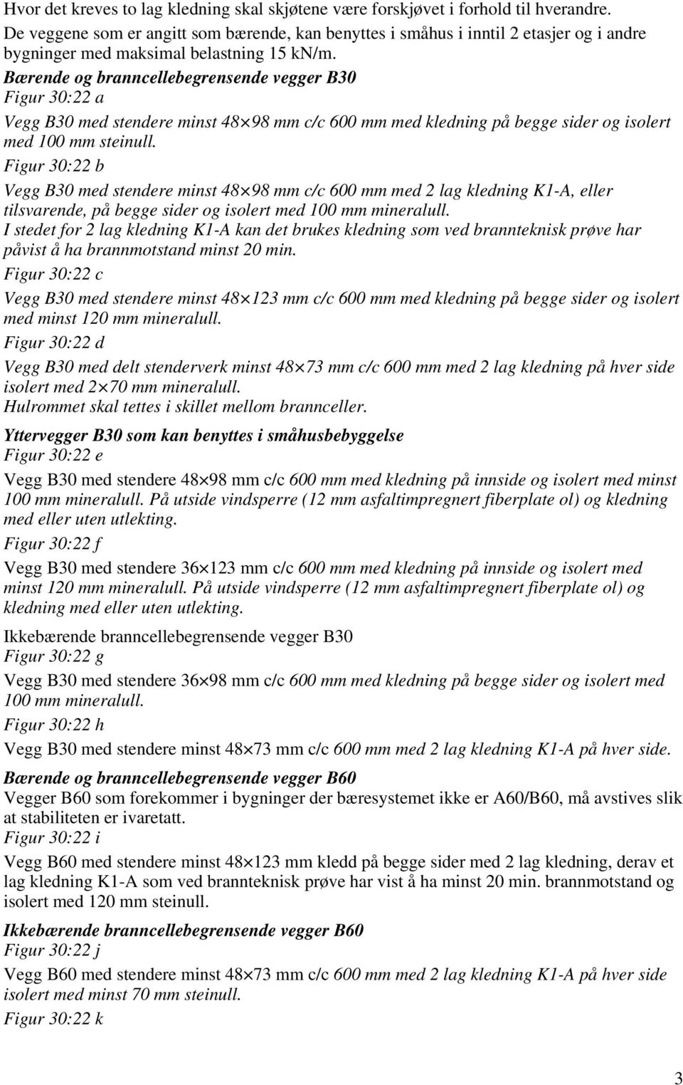 Bærende og branncellebegrensende vegger B30 Figur 30:22 a Vegg B30 med stendere minst 48 98 mm c/c 600 mm med kledning på begge sider og isolert med 100 mm steinull.