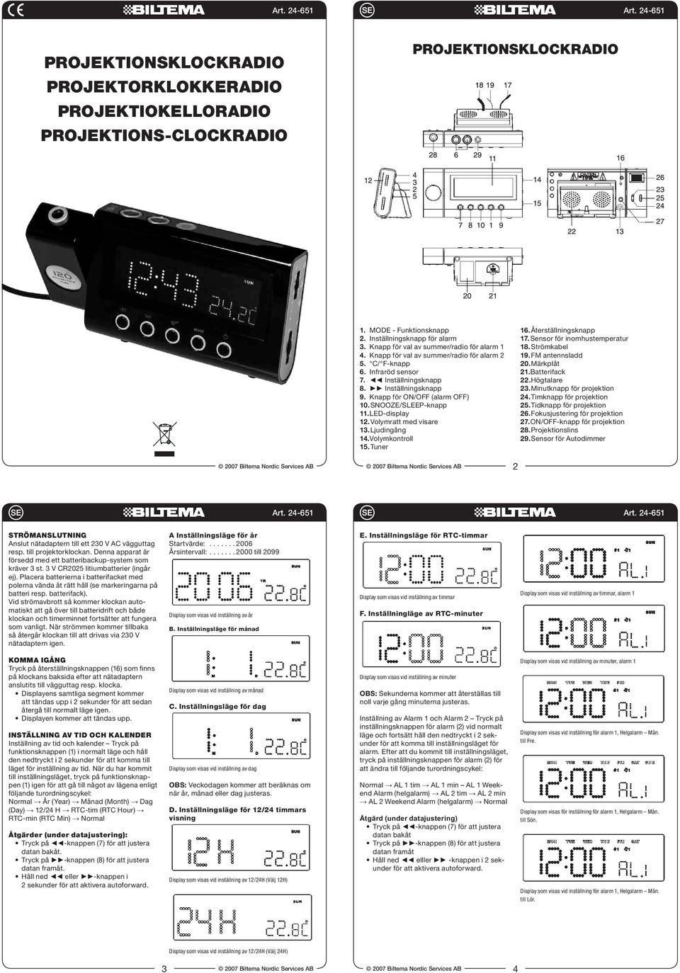 SNOOZE/SLEEP-knapp 11. LED-display 12. Volymratt med visare 13. Ljudingång 14. Volymkontroll 15. Tuner 16. Återställningsknapp 17. Sensor för inomhustemperatur 18. Strömkabel 19. FM antennsladd 20.