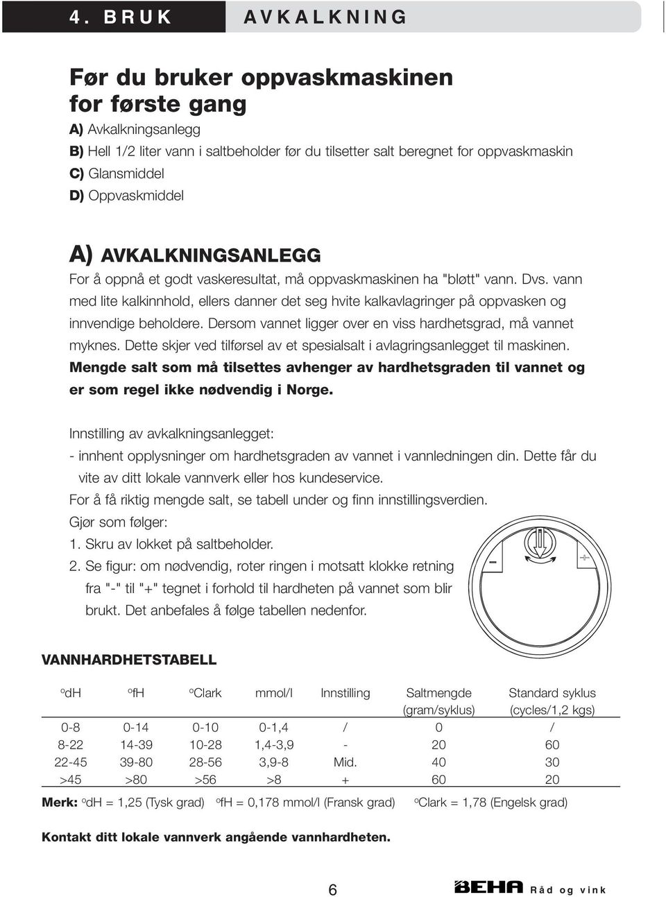 vann med lite kalkinnhold, ellers danner det seg hvite kalkavlagringer på oppvasken og innvendige beholdere. Dersom vannet ligger over en viss hardhetsgrad, må vannet myknes.