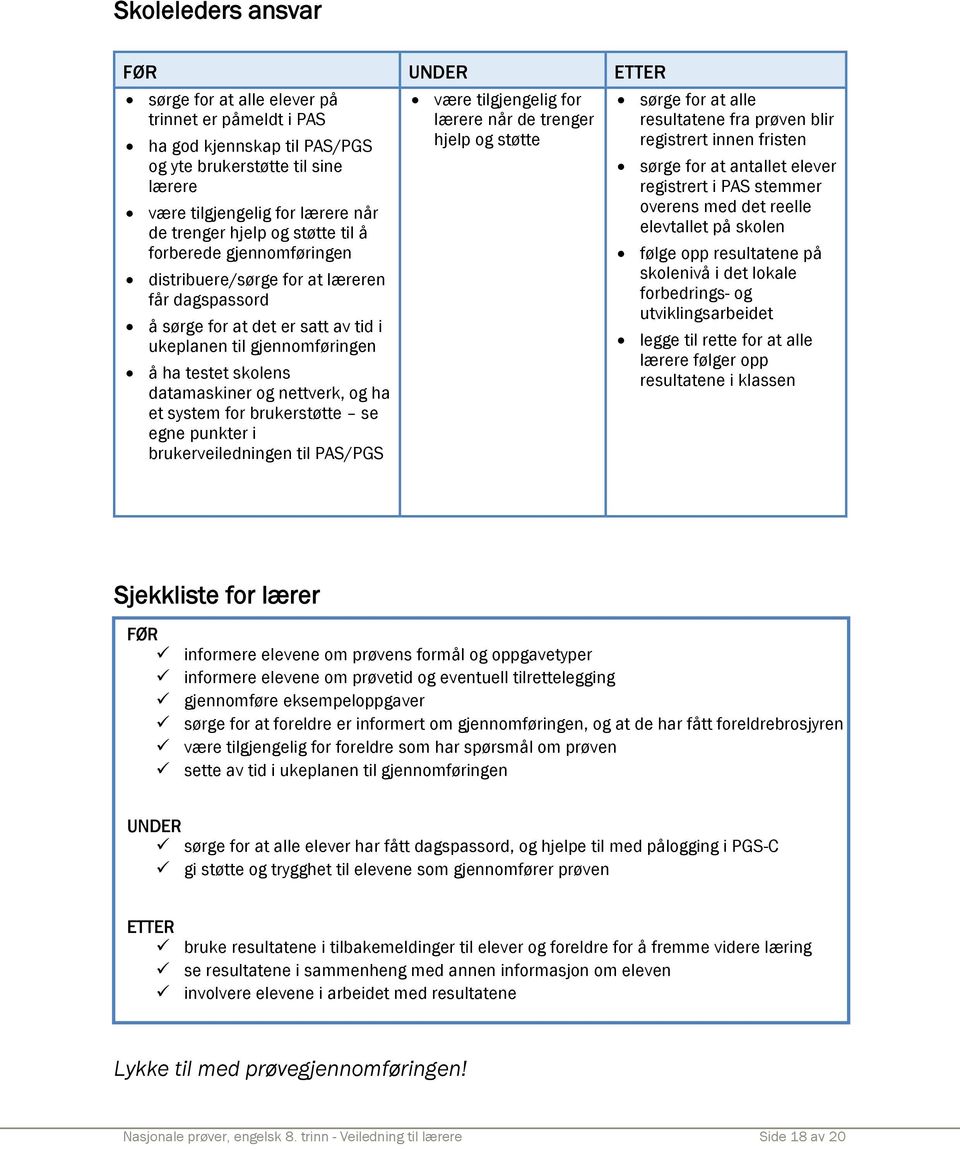 nettverk, og ha et system for brukerstøtte se egne punkter i brukerveiledningen til PAS/PGS være tilgjengelig for lærere når de trenger hjelp og støtte sørge for at alle resultatene fra prøven blir