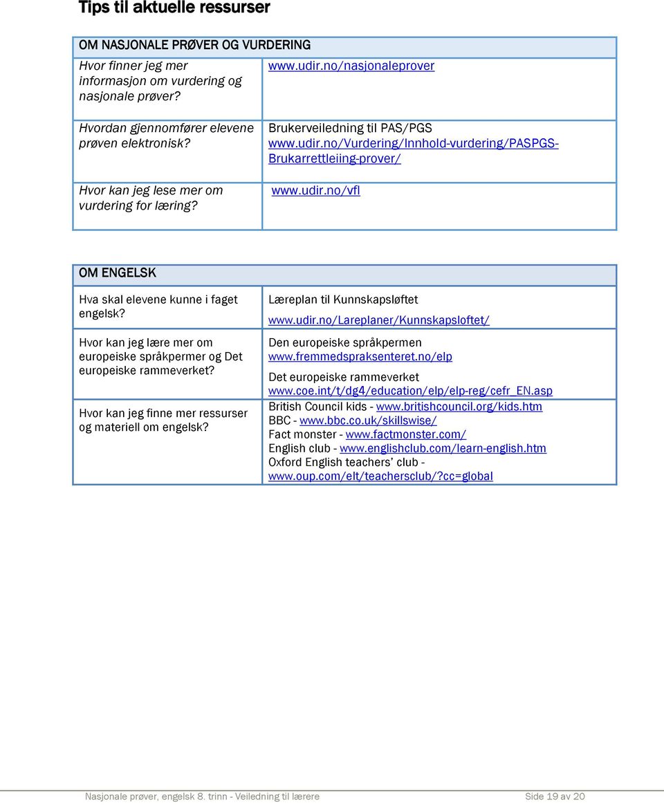 no/vurdering/innhold-vurdering/paspgs- Brukarrettleiing-prover/ www.udir.no/vfl OM ENGELSK Hva skal elevene kunne i faget engelsk?