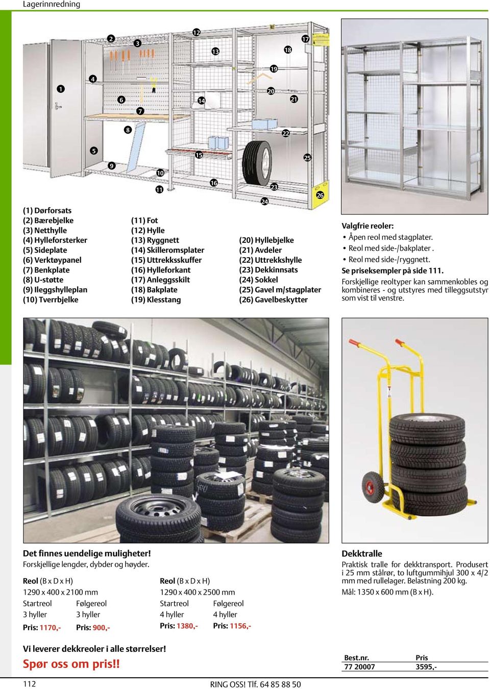 (22) Uttrekkshylle (23) Dekkinnsats (24) Sokkel (25) Gavel m/stagplater (26) Gavelbeskytter Valgfrie reoler: Åpen reol med stagplater. Reol med side-/bakplater. Reol med side-/ryggnett.