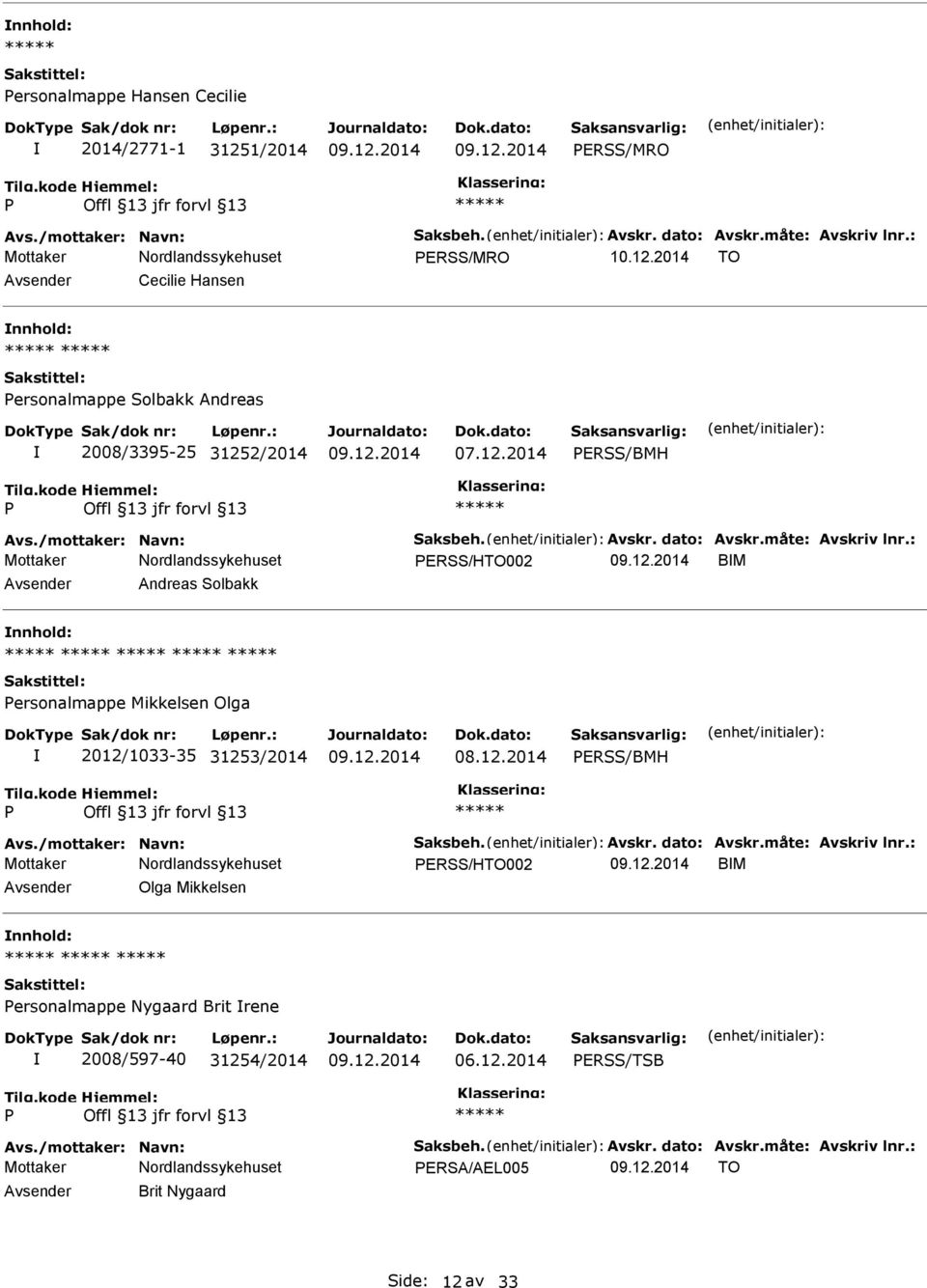 : ERSS/HTO002 BM Andreas Solbakk ersonalmappe Mikkelsen Olga 2012/1033-35 31253/2014 ERSS/BMH Avs./mottaker: Navn: Saksbeh. Avskr. dato: Avskr.måte: Avskriv lnr.