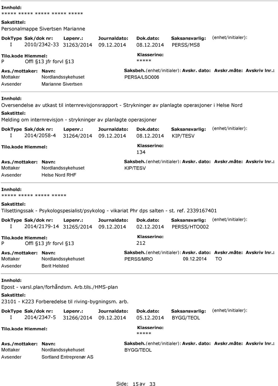 2014/2058-4 31264/2014 K/TESV 134 Avs./mottaker: Navn: Saksbeh. Avskr. dato: Avskr.måte: Avskriv lnr.: K/TESV Helse Nord RHF Tilsettingssak - sykologspesialist/psykolog - vikariat hr dps salten - st.