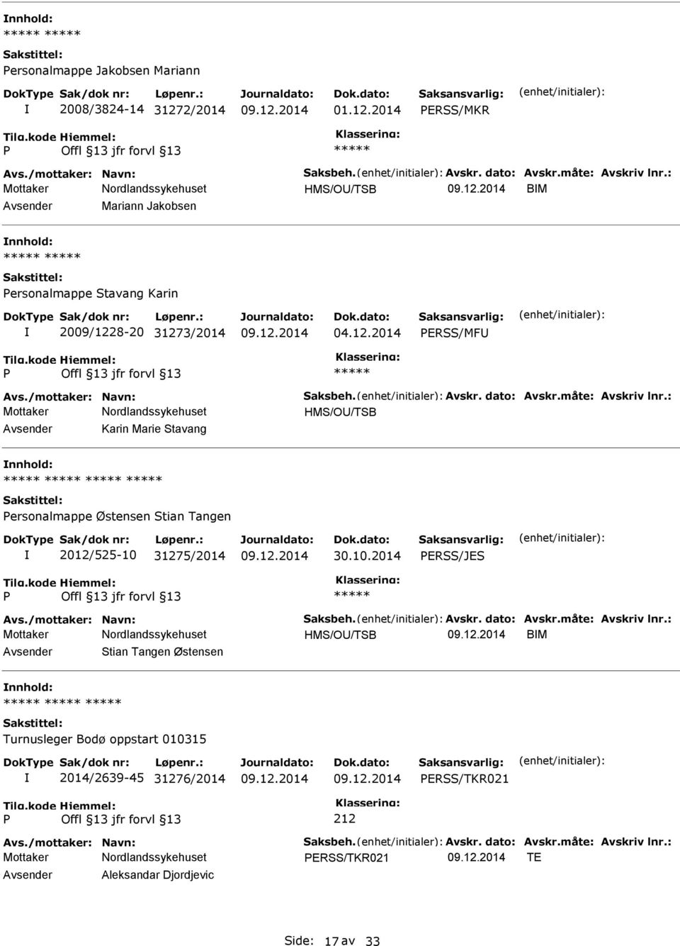 : HMS/O/TSB Karin Marie Stavang ersonalmappe Østensen Stian Tangen 2012/525-10 31275/2014 30.10.2014 ERSS/JES Avs./mottaker: Navn: Saksbeh. Avskr. dato: Avskr.