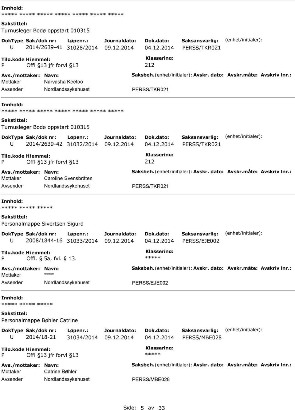 : Mottaker Caroline Svensbråten ERSS/TKR021 ersonalmappe Sivertsen Sigurd 2008/1844-16 31033/2014 ERSS/EJE002 Offl. 5a, fvl. 13. Avs./mottaker: Navn: Saksbeh. Avskr. dato: Avskr.